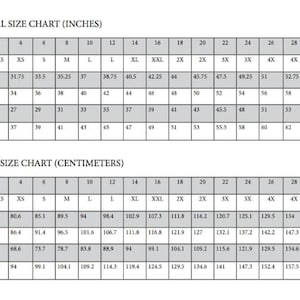 K&ouml;nnte beinhalten: Gr&ouml;&szlig;entabelle f&uuml;r Kleidung in Zoll und Zentimetern. Die Tabelle zeigt die Gr&ouml;&szlig;en von XXS bis 5X mit den Ma&szlig;en f&uuml;r Oberweite, volle Brustweite, Taille und H&uuml;fte.