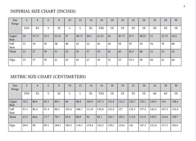 K&ouml;nnte beinhalten: Gr&ouml;&szlig;entabelle f&uuml;r Kleidung in Zoll und Zentimetern. Die Tabelle zeigt die Gr&ouml;&szlig;en von XXS bis 5X mit den Ma&szlig;en f&uuml;r Oberweite, volle Brustweite, Taille und H&uuml;fte.