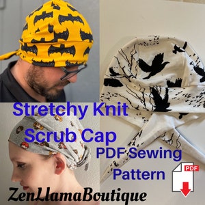 May include: A PDF sewing pattern for a stretchy knit scrub cap. The pattern includes three different designs: a yellow cap with black bats, a white cap with black birds, and a gray cap with a Harry Potter theme. The pattern is available for download.