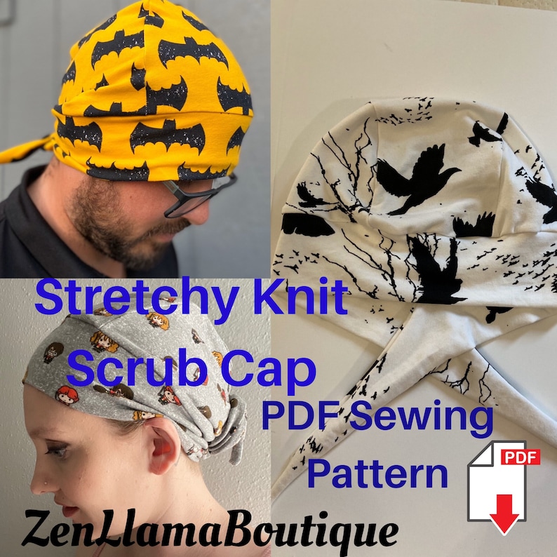 May include: A PDF sewing pattern for a stretchy knit scrub cap. The pattern includes three different designs: a yellow cap with black bats, a white cap with black birds, and a gray cap with a Harry Potter theme. The pattern is available for download.