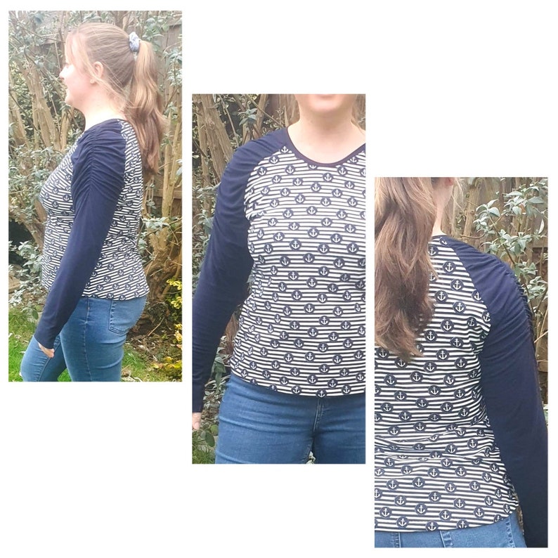 K&ouml;nnte beinhalten: Ein lang&auml;rmliges Shirt mit einem blau-wei&szlig; gestreiften Muster mit kleinen Ankermotiven. Das Shirt hat einen Raglan-&Auml;rmel mit blauem &Auml;rmel und einem wei&szlig;-blau gestreiften Oberk&ouml;rper.