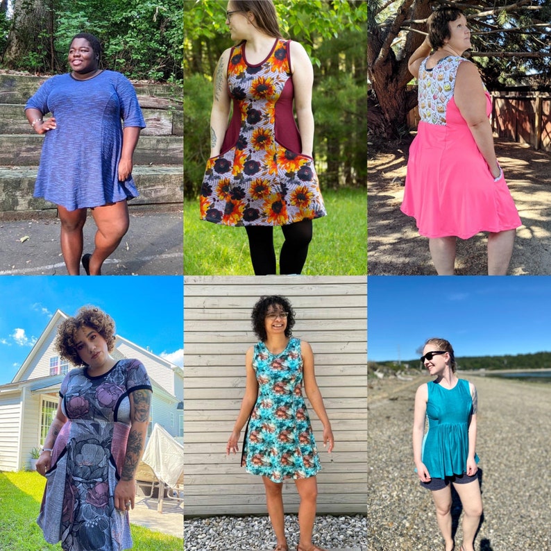Puede incluir: Seis mujeres vistiendo diferentes estilos de vestidos. Los vestidos son todos coloridos y estampados. Algunos de los vestidos tienen bolsillos. Las mujeres est&aacute;n de pie en diferentes lugares, incluyendo un parque, una playa y una zona boscosa.