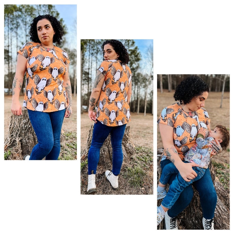 K&ouml;nnte beinhalten: Eine Frau tr&auml;gt ein orangefarbenes T-Shirt mit kurzen &Auml;rmeln und einem wei&szlig;en Geistermuster. Sie steht vor einem Baumstumpf und tr&auml;gt eine blaue Jeans.