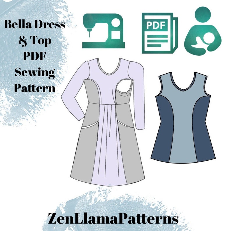 Puede incluir: Un patr&oacute;n de costura digital para un vestido y un top Bella. El patr&oacute;n incluye un vestido de manga larga con un bolsillo y un top sin mangas. El patr&oacute;n est&aacute; disponible para descargar en PDF. La imagen tambi&eacute;n incluye iconos para una m&aacute;quina de coser, un documento PDF y una madre amamantando.