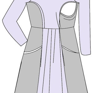 Puede incluir: Un vestido de color lila claro con mangas largas y cuello en V. El vestido tiene un panel gris en la parte delantera y trasera, con bolsillos a los lados.