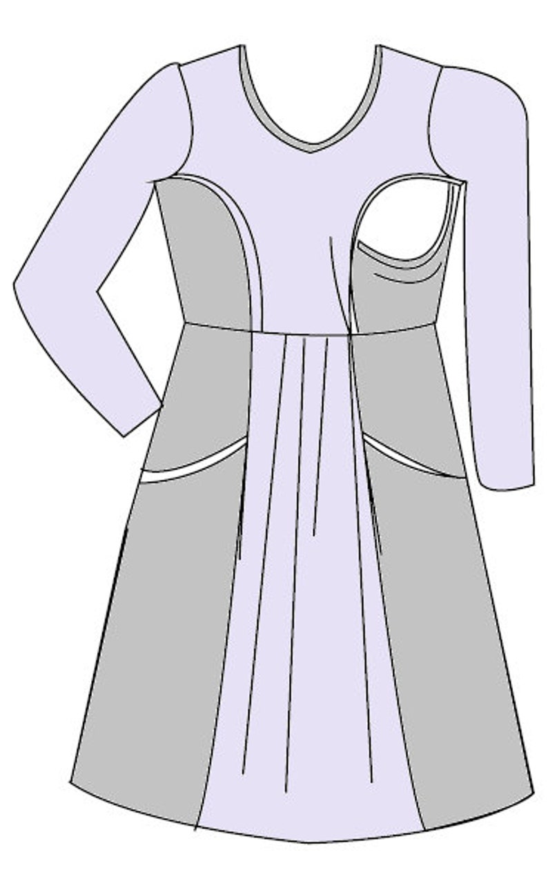 Puede incluir: Un vestido de color lila claro con mangas largas y cuello en V. El vestido tiene un panel gris en la parte delantera y trasera, con bolsillos a los lados.
