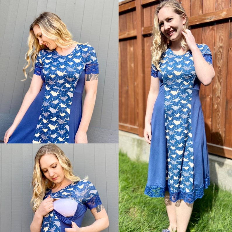 Puede incluir: Un vestido azul con un patr&oacute;n de gr&uacute;a origami blanco y azul. El vestido tiene un borde de encaje y mangas cortas.