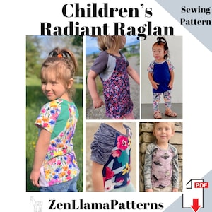 May include: Children's Radiant Raglan sewing pattern.  The pattern includes instructions for making a raglan t-shirt with a variety of fabric combinations.  The pattern is available as a PDF download.