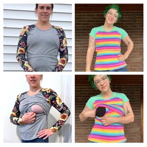 K&ouml;nnte beinhalten: Zwei Frauen tragen Stilloberteile. Das Oberteil links hat lange &Auml;rmel mit einem Blumendruck und einen grauen K&ouml;rper. Das Oberteil rechts hat kurze &Auml;rmel mit einem Regenbogenstreifenmuster und einen mintgr&uuml;nen K&ouml;rper.