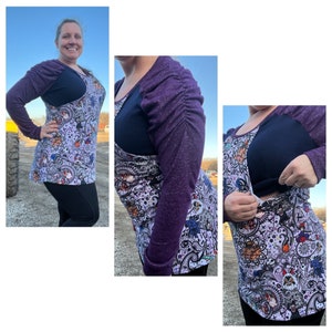 K&ouml;nnte beinhalten: Ein lilafarbenes Langarmshirt mit gerafftem &Auml;rmeldetail. Das Shirt wird &uuml;ber einem wei&szlig;en und schwarzen gemusterten Oberteil mit einer Still&ouml;ffnung getragen.