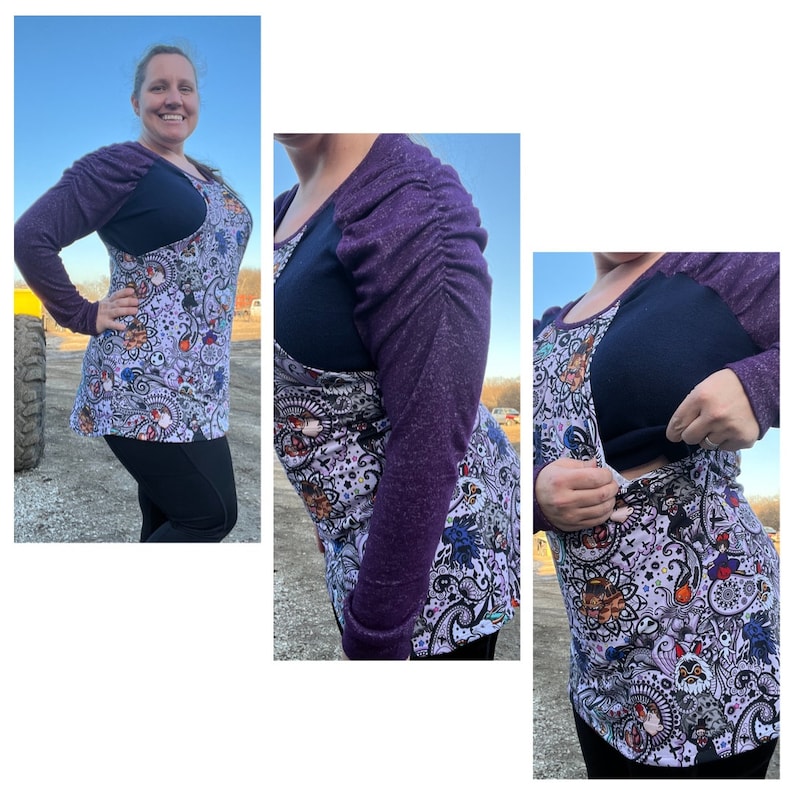 K&ouml;nnte beinhalten: Ein lilafarbenes Langarmshirt mit gerafftem &Auml;rmeldetail. Das Shirt wird &uuml;ber einem wei&szlig;en und schwarzen gemusterten Oberteil mit einer Still&ouml;ffnung getragen.