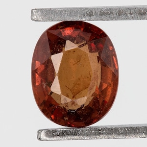 Puede incluir: Una gema de corte ovalado sujeta por unas pinzas metálicas. La gema presenta una mezcla de tonos marrón rojizo y marrón claro, con facetas que captan la luz. La forma de la gema es alargada y parece pulida.