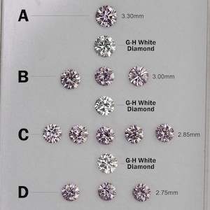 May include: A collection of round cut gemstones arranged in rows labeled A, B, C, and D. The display includes light purple stones and clear G-H white diamonds. Specific sizes are indicated as 3.30mm, 3.00mm, 2.85mm, and 2.75mm next to the stones.