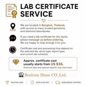 May include: A white informational graphic titled LAB CERTIFICATE SERVICE with black and gold text. It features icons for a document, location, speech bubble, and clock, detailing gemstone certification services in Bangkok, Thailand, by Brahma Diam CO., Ltd.