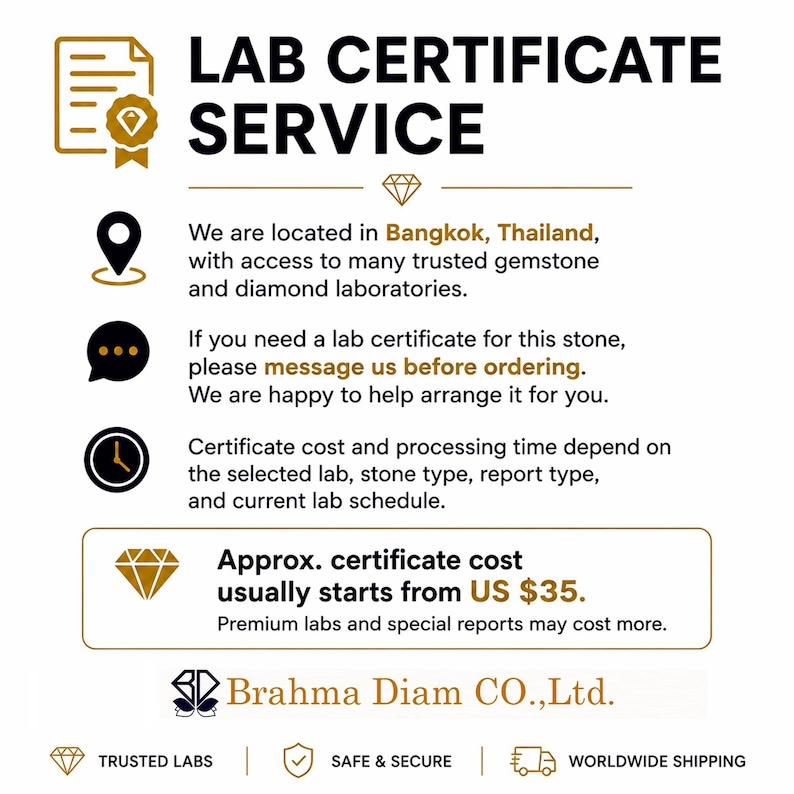 May include: A white informational graphic titled LAB CERTIFICATE SERVICE with black and gold text. It features icons for a document, location, speech bubble, and clock, detailing gemstone certification services in Bangkok, Thailand, by Brahma Diam CO., Ltd.