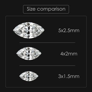May include: A size comparison chart featuring three marquise-cut clear gemstones arranged vertically. The labels indicate sizes of 5x2.5mm, 4x2mm, and 3x1.5mm. The text 'Size comparison' is displayed at the top against a solid black background.