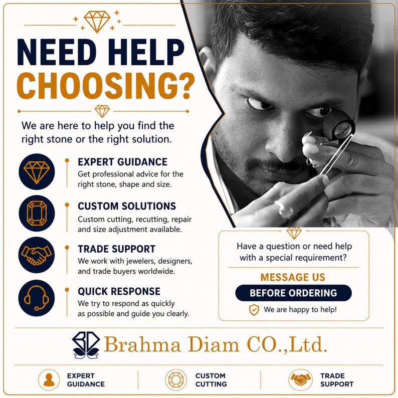 May include: An informational graphic for Brahma Diam CO., Ltd. featuring text that reads NEED HELP CHOOSING? and lists services including expert guidance, custom solutions, trade support, and quick response, alongside an image of a jeweler.