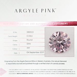 May include: A round, light pink diamond with a 0.09ct carat weight, displayed on a white document. The document includes details such as clarity, color, and the date of assessment. The text "ARGYLE PINK" is at the top.