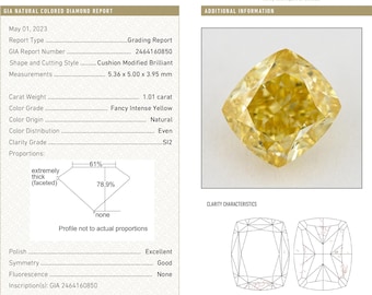 GIA-gecertificeerde losse natuurlijke diamant van 1,01 ct., intens geel, kussenslijpsel SI2, onbehandeld | Certificaat | Echt | Gele diamant
