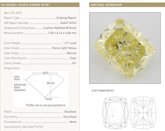 GIA Certified 1.71ct. Fancy Light Yellow Loose Natural Diamond Cushion SI1 Untreated|Certificate|Genuine|Yellow Diamond