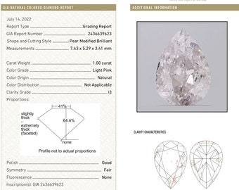 GIA Certified 1.00ct. Loose Natural Pink Diamond Pear Untreated Light Pink|big pink diamond|carat size|rare pink diamond