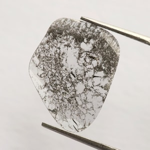 May include: A clear, irregularly shaped gemstone with dark, web-like inclusions. The stone is held by silver tweezers against a white background, showcasing its unique internal patterns and clarity. The gemstone is a mineral specimen.