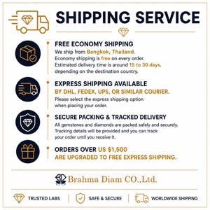May include: A white informational graphic titled SHIPPING SERVICE with gold and dark blue text. It features icons of a truck, package, delivery van, shield with a diamond, and gift box. The text details shipping policies for Brahma Diam CO.,Ltd.