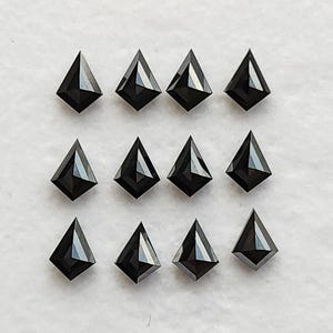 May include: Twelve loose black gemstones arranged in a three-by-four grid. Each stone features a kite-shaped silhouette with multiple faceted surfaces that reflect light, creating sharp geometric edges and a dark, polished appearance.