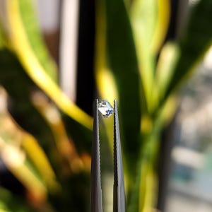 Emerald cut diamond standing upright in tweezers with green plants in the background, showing crown height and crisp step cut pattern.