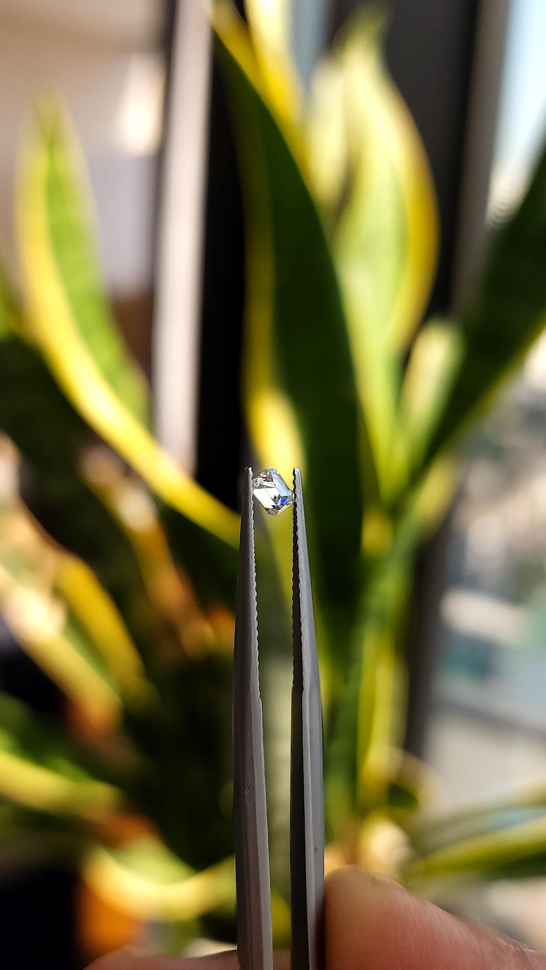 Emerald cut diamond standing upright in tweezers with green plants in the background, showing crown height and crisp step cut pattern.
