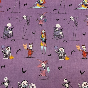 May include: Purple fabric featuring a repeating pattern of characters from The Nightmare Before Christmas. The design includes Jack Skellington, Sally, Zero, and other characters, along with bats. The fabric is suitable for various crafting projects.