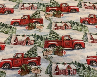 May include: A red pickup truck with a Christmas tree in the bed, driving through a snowy winter wonderland. The truck has a sign that says "Christmas Tree Farm" and is surrounded by snow-covered trees and red barns.