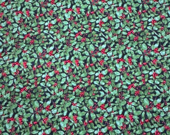 May include: Fabric with a repeating pattern of green leaves and red berries on a black background. The leaves are detailed with visible veins, and the berries are small and round. The overall design is dense and creates a festive, holiday theme.