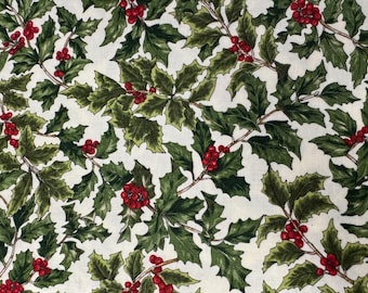May include: A fabric with a repeating pattern of holly branches and red berries on a white background. The leaves are a deep green with detailed veining, and the berries are clustered in small groups. This design is suitable for holiday-themed crafts.