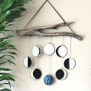 Dark moon phase / 8 stained glass moons on driftwood / celestial wallhanging // crafted by JOHN
