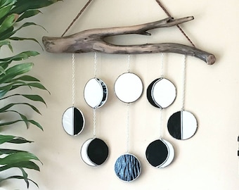 Dark moon phase / 8 stained glass moons on driftwood / celestial wallhanging // crafted by JOHN