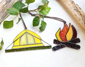 camping GIFT SET // small camp fire and dome tent stained glass suncatchers / Crafted by JOHN