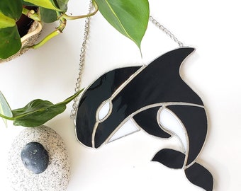 stained glass orca / suncatcher, killer whale gallery wall / ocean whale // crafted by JOHN