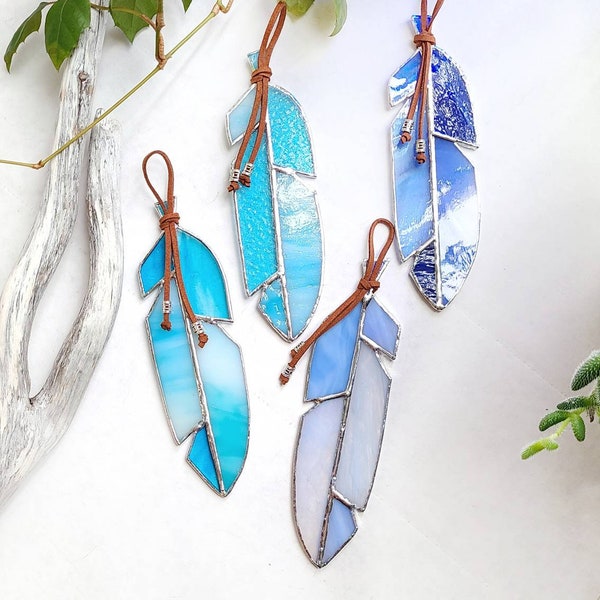 BLUE or TEAL stained glass feather/ surprise shape / gift idea // crafted by ASTRID