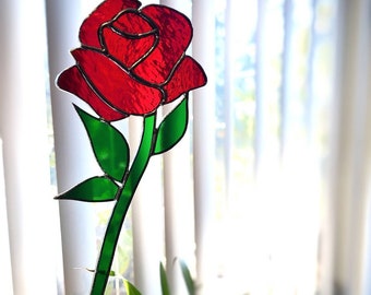 Rose suncatcher / Red rose stained glass / romantic gift // Crafted by John