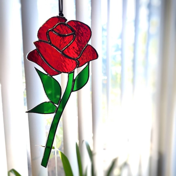 Rose suncatcher / Red rose stained glass / romantic gift // Crafted by John