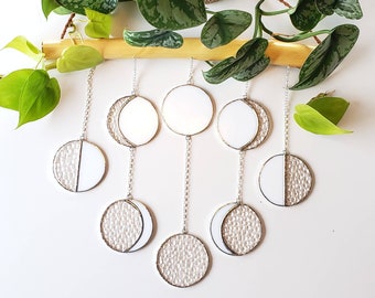 Stained Glass Moon Phase Mobile: Boho Driftwood Wall Hanging