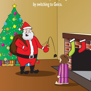 Lustiger Weihnachtsmann, Geico Weihnachten, Versicherung, Lustige Urlaubsgrußkarte Digitale Kunst, Jpeg Urlaub, Kohle, Strümpfe Kamin