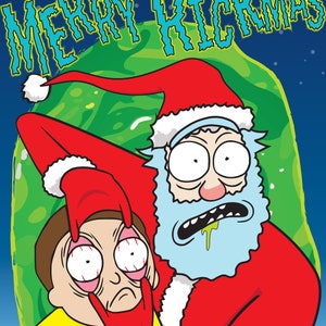 Può includere: Un'illustrazione di cartoni animati di Rick Sanchez della serie animata Rick e Morty vestito da Babbo Natale. Rick sta tenendo Morty, che indossa una camicia gialla e ha un'espressione di angoscia. Lo sfondo è un portale verde e blu con il testo "Merry Rickmas" in blu.