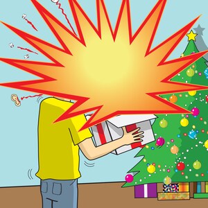 May include: A person holding a wrapped gift box with a red ribbon. The gift box is exploding with a yellow and orange starburst effect. The person is standing in front of a decorated Christmas tree.