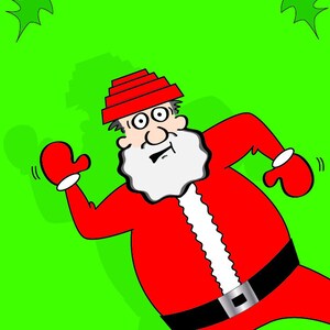 Puede incluir: Una ilustración de dibujos animados de Papá Noel con un gorro rojo, un traje rojo, una barba blanca y un cinturón negro, corriendo con una expresión de sorpresa sobre un fondo verde con acebo.