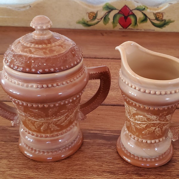 Vintage Summit Art Glass Chocolate Caramel Slag Glass Creamer and Sugar with Lid, Holly & Berry