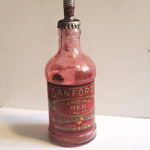 Antique Sanford&#39;s Cardinal Red Ink Bottle: Original Label & Spout, Early 1900s