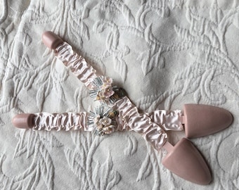 Vintage Pink Shoe Stretchers with Ruffled Satin Ribbon Work and Millinery Flower Bouquets