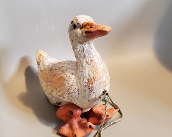 Antique Composition & Wood Pull-String Mechanical Walking Duck. Old Chippy Peeling Paint